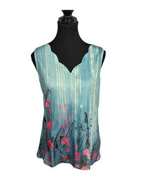 NWT | Teal Floral Scalloped Neck Sleeveless Tank Top Boho | Small